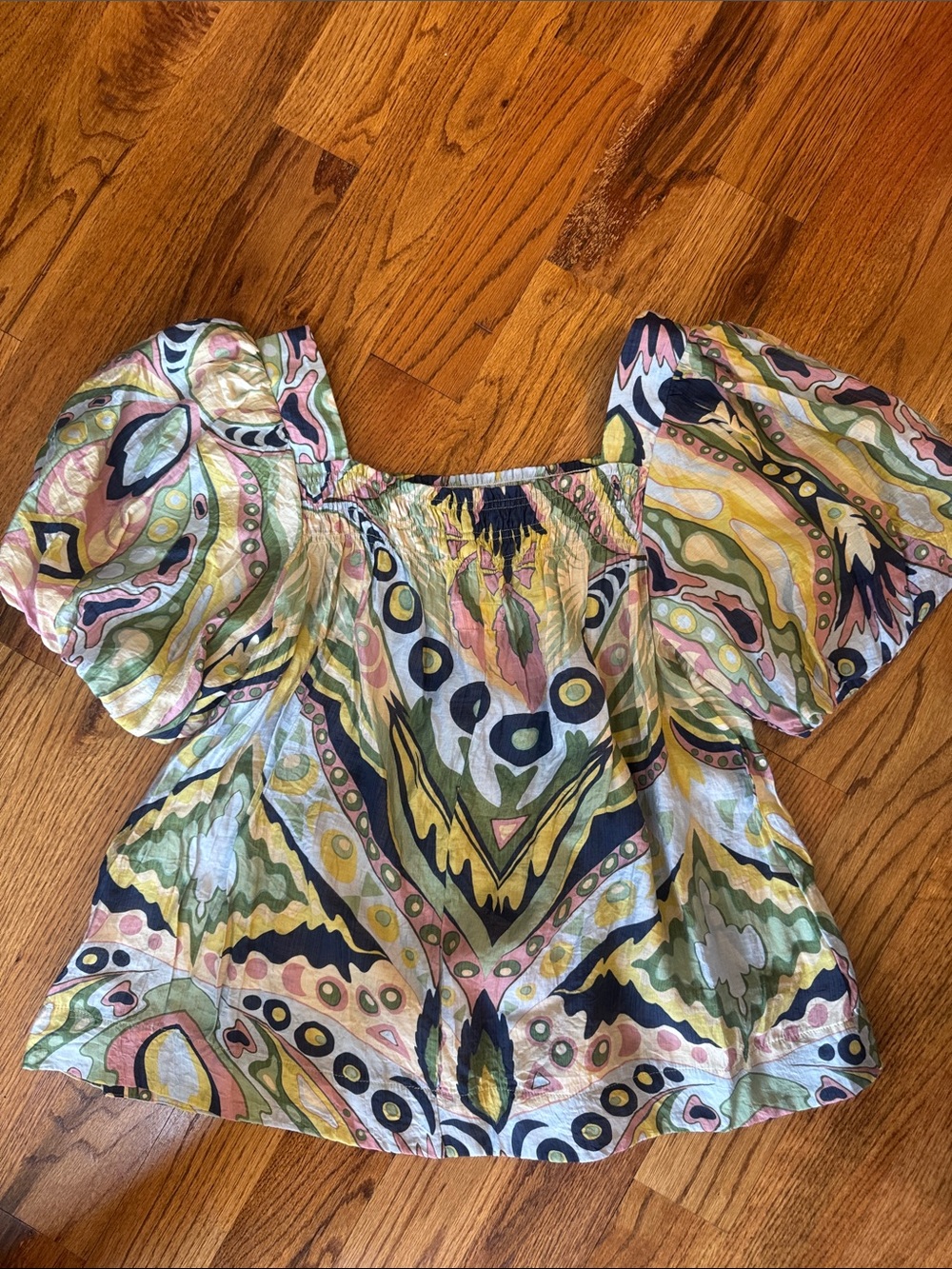 Umgee Puff-Sleeve Tunic Top in Pink, Green, Yellow & Navy